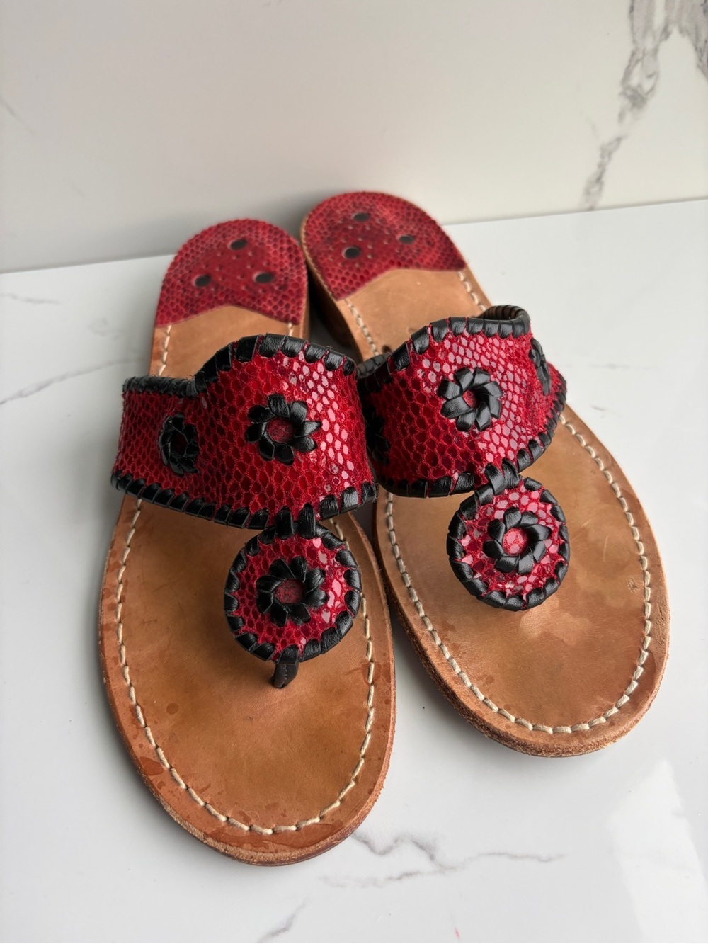 Jack Rogers sz 7 RARE Classic Jacks Flat Sandals Red Black Snakeskin Python